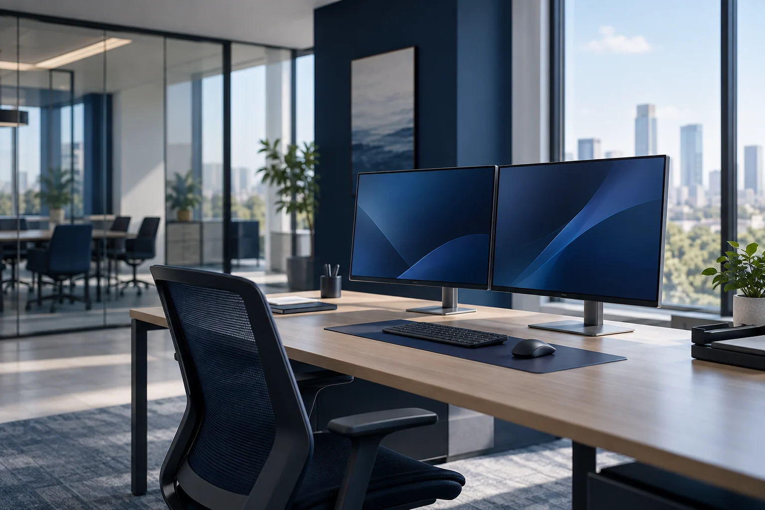 Escritório moderno com dois monitores sobre uma mesa